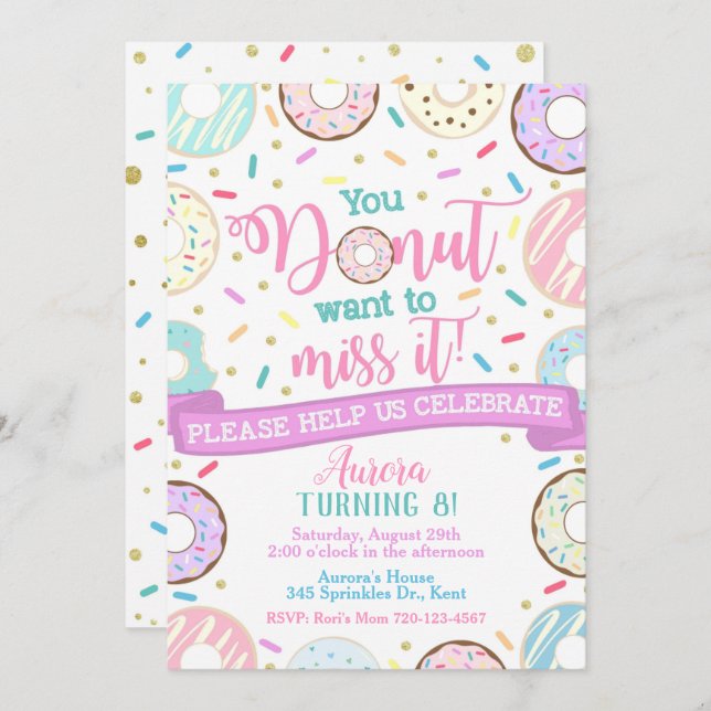 Invitación de cumpleaños de Donut Fiesta (Anverso / Reverso)