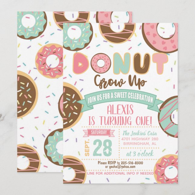 Invitación de cumpleaños de Donut Grow Up (Anverso / Reverso)