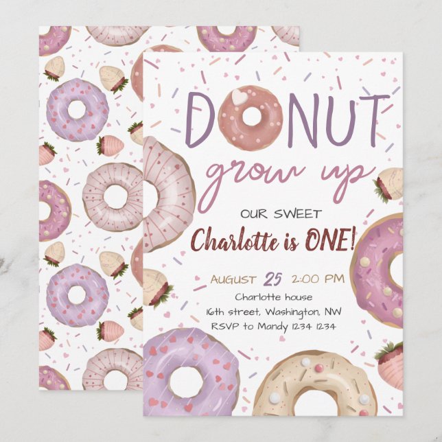 Invitación de cumpleaños de Donut Grow Up Chica (Anverso / Reverso)