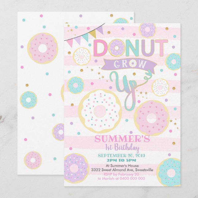Invitación de cumpleaños de Donut Grow Up - Chica (Anverso / Reverso)