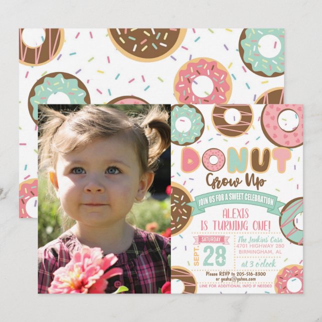 Invitación de cumpleaños de Donut Grow Up con foto (Anverso / Reverso)