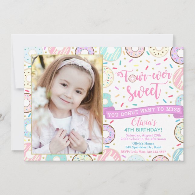 Invitación de cumpleaños de Donut Invitación cuatr (Anverso)