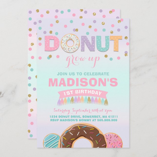 Invitación de cumpleaños de Donut que crece Fiesta (Anverso / Reverso)