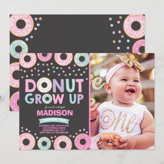 Invitación de cumpleaños de Donut que crece Fiesta (Anverso / Reverso)