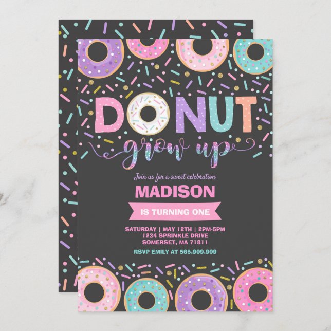 Invitación de cumpleaños de Donut que crece Fiesta (Anverso / Reverso)