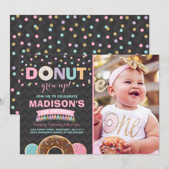 Invitación de cumpleaños de Donut que crece Fiesta (Anverso / Reverso)