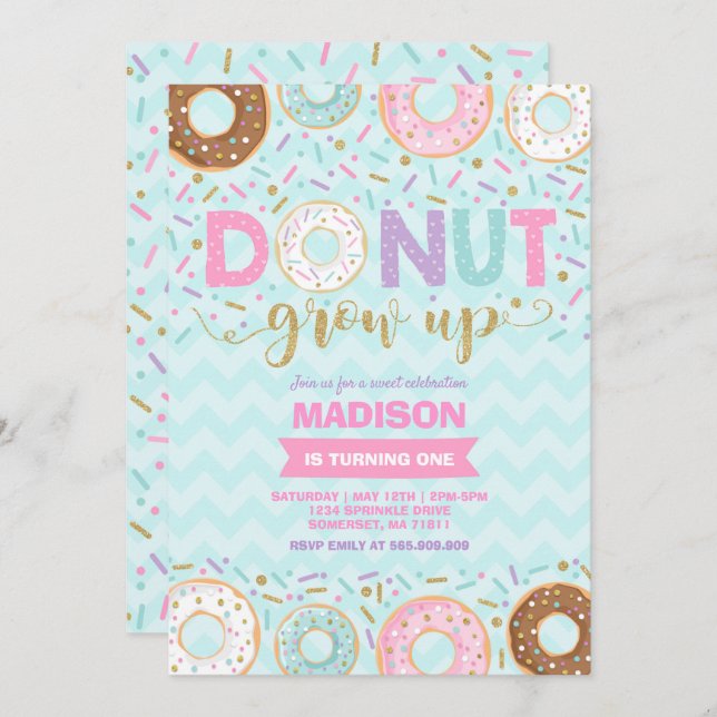 Invitación de cumpleaños de Donut que crece Fiesta (Anverso / Reverso)