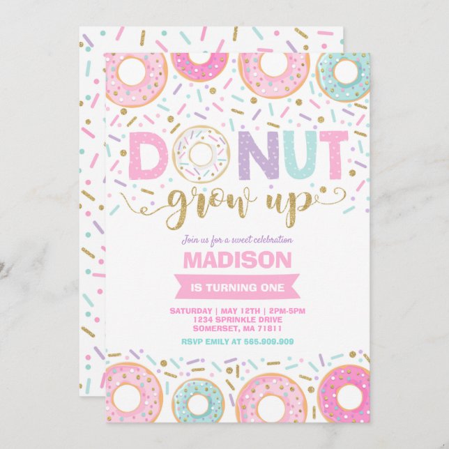 Invitación de cumpleaños de Donut que crece Fiesta (Anverso / Reverso)