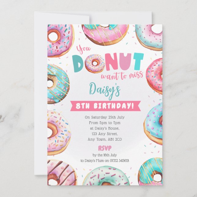 Invitación de cumpleaños de donut rosa que no te p (Anverso)