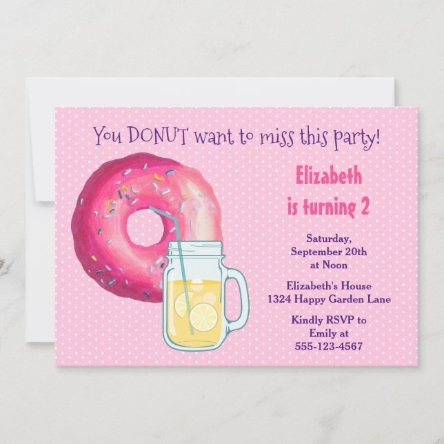 Invitación de cumpleaños de donut rosa y limonada (Anverso)