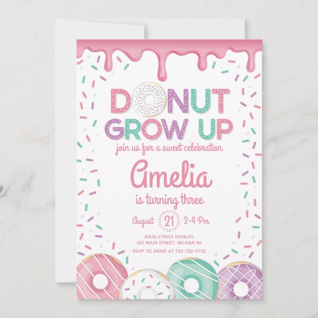 Invitación de cumpleaños de Donut Rosado no crece (Anverso)