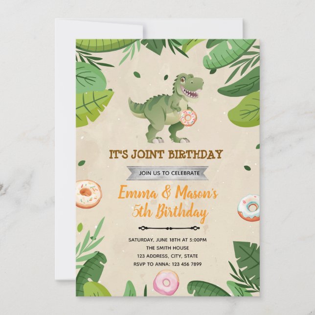 Invitación de cumpleaños de donut y dinosaurios (Anverso)
