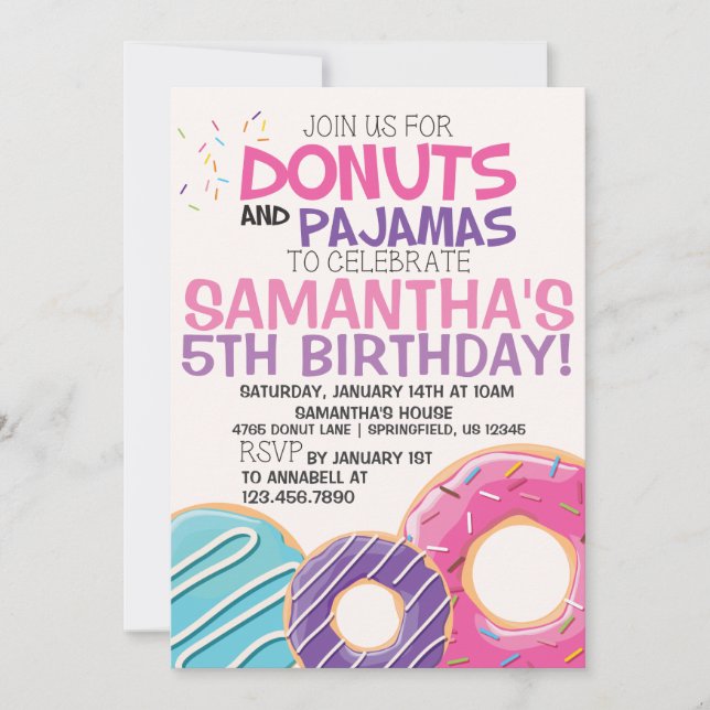 Invitación de cumpleaños de Donuts y Pajamas | 12, (Anverso)