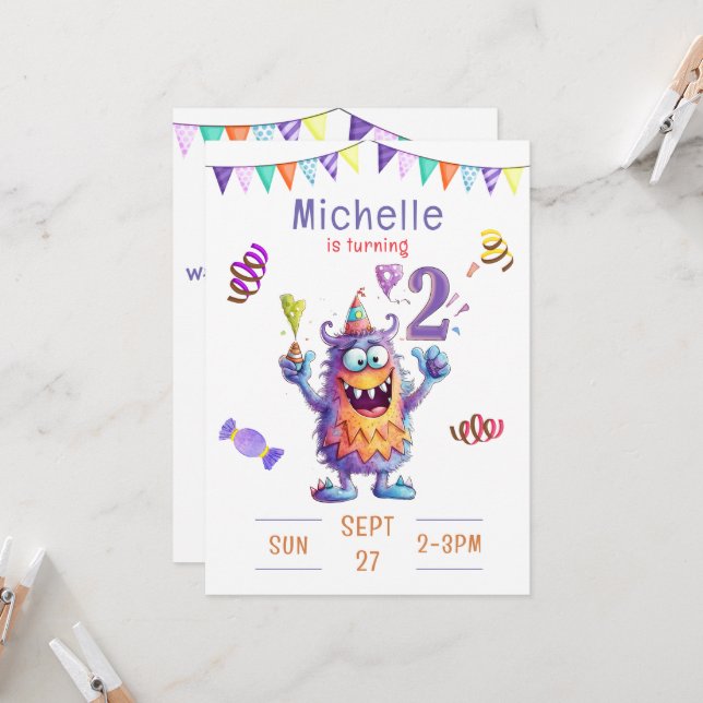Invitación de cumpleaños de dos años a Monstruo (Anverso/Reverso In Situ)