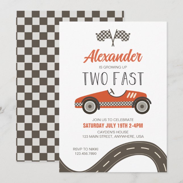 Invitación de cumpleaños de dos coches de carreras (Anverso / Reverso)