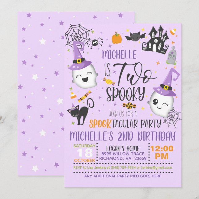 Invitación de cumpleaños de dos fantasmas - morado (Anverso / Reverso)