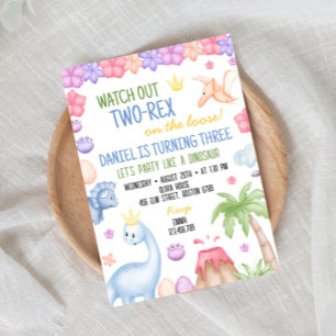 Invitación de cumpleaños de dos Rex Boy Dinosaur