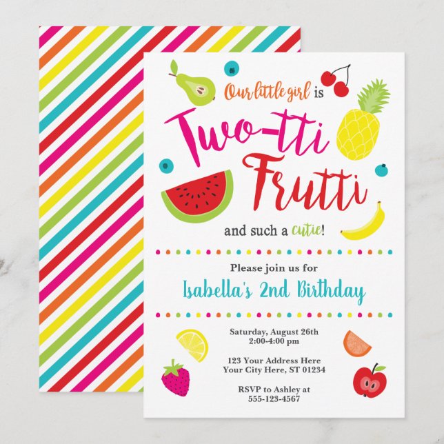 Invitación de cumpleaños de dos tti Frutti | Segun (Anverso / Reverso)