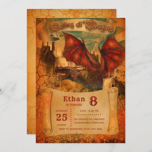 Invitación de cumpleaños de Dragon (Anverso / Reverso)