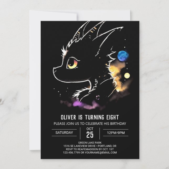 Invitación de cumpleaños de Dragon a la acuarela (Anverso)