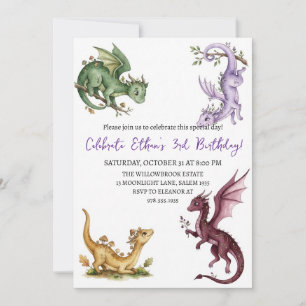 Invitación de cumpleaños de dragón acuarela
