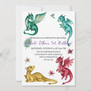 invitación de cumpleaños de dragón acuarela