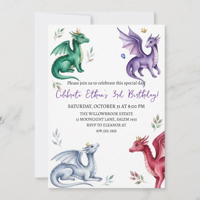 Invitación de cumpleaños de dragón acuarela (Anverso)