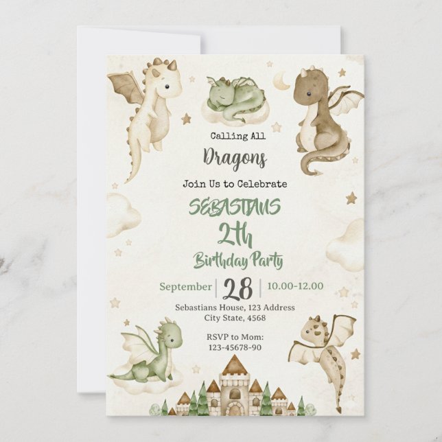 Invitación de cumpleaños de dragón acuarela (Anverso)