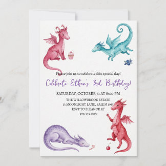 invitación de cumpleaños de dragón acuarela