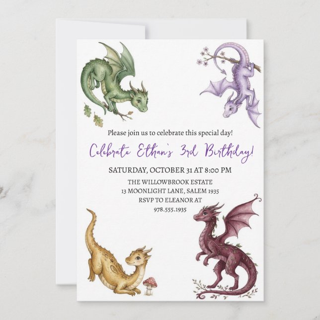 Invitación de cumpleaños de dragón acuarela (Anverso)