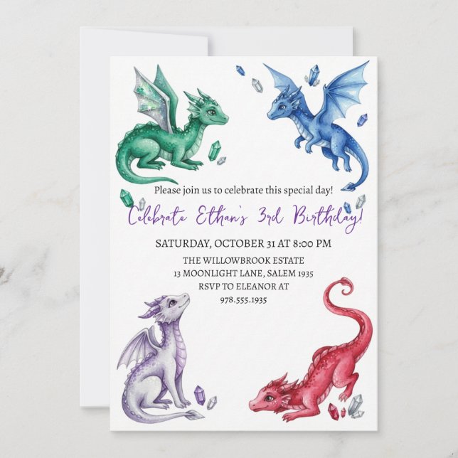 invitación de cumpleaños de dragón acuarela (Anverso)