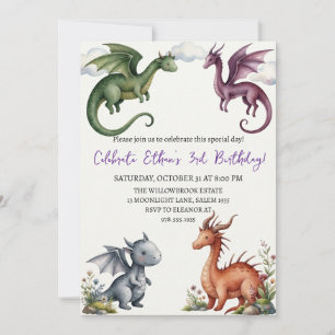Invitación de cumpleaños de dragón acuarela
