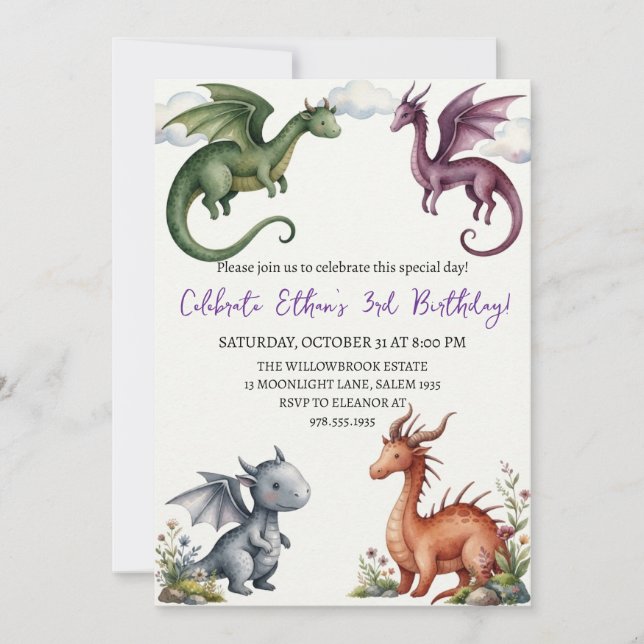 Invitación de cumpleaños de dragón acuarela (Anverso)