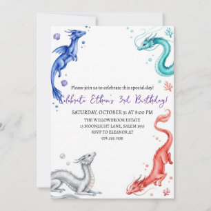 Invitación de cumpleaños de dragón acuarela