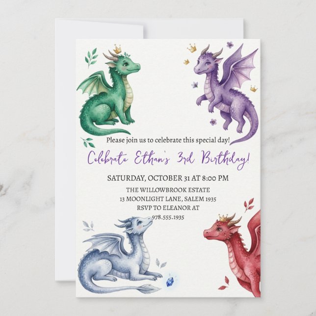 Invitación de cumpleaños de dragón acuarela (Anverso)