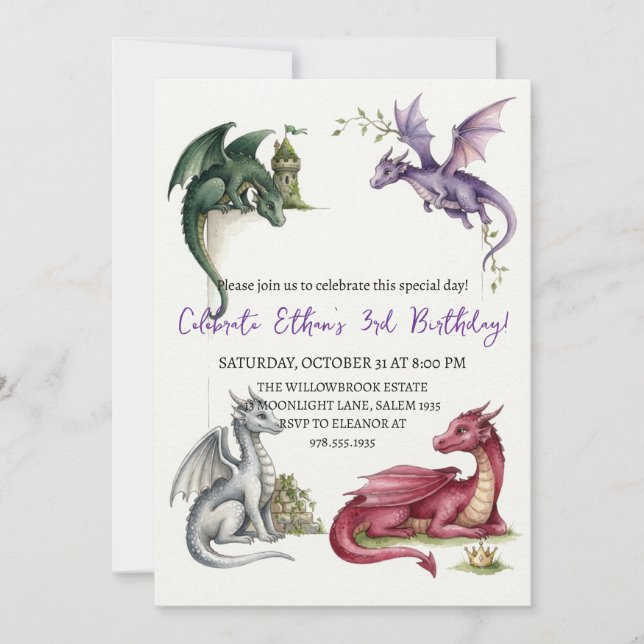 invitación de cumpleaños de dragón acuarela (Anverso)