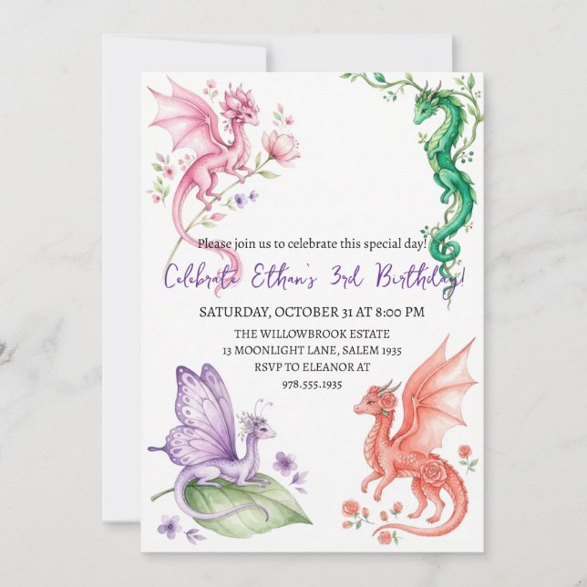 invitación de cumpleaños de dragón acuarela (Anverso)