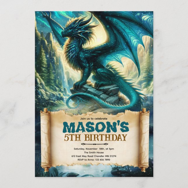 Invitación de cumpleaños de dragón de fantasía (Anverso)