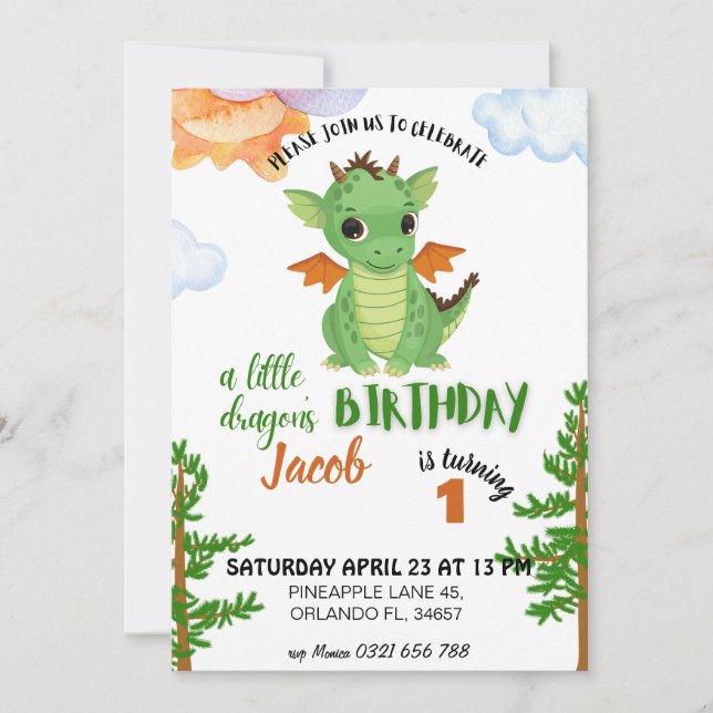 Invitación de cumpleaños de dragón pequeño, niño b (Anverso)