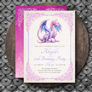 Invitación de cumpleaños de dragón rosa púrpura pa