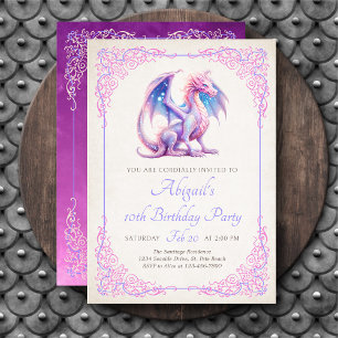 Invitación de cumpleaños de dragón rosa púrpura pa