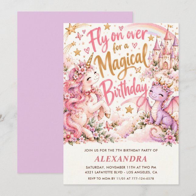 Invitación de cumpleaños de dragón unicornio mágic (Anverso / Reverso)