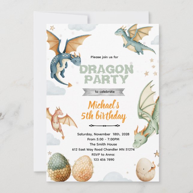 Invitación de cumpleaños de dragón y huevos (Anverso)