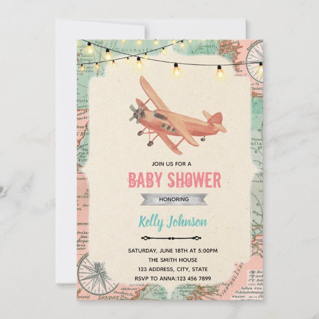 Invitación de cumpleaños de ducha de avión de viaj (Anverso)