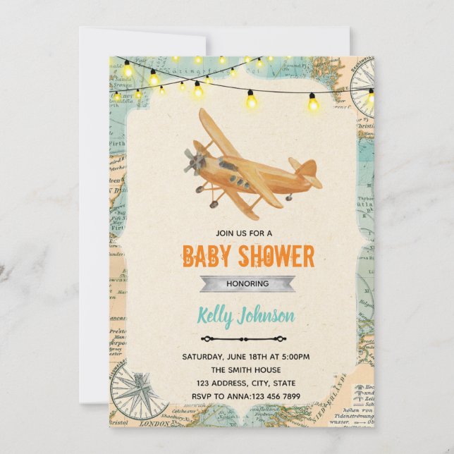 Invitación de cumpleaños de ducha de avión de viaj (Anverso)
