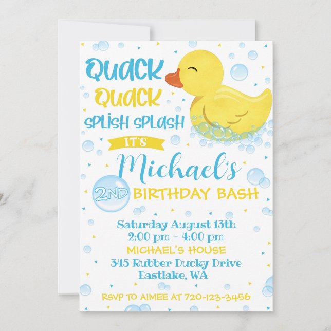 Invitación de cumpleaños de duckie de caucho, dudo (Anverso)