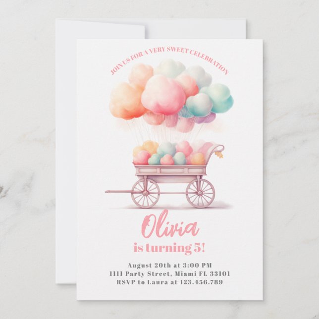 Invitación de cumpleaños de dulces de algodón de a (Anverso)