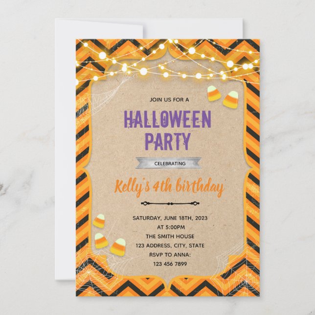 Invitación de cumpleaños de dulces de Halloween (Anverso)