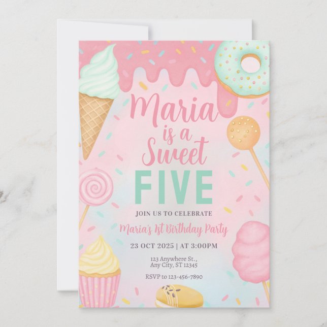 Invitación de cumpleaños de dulces Pastel Sweets (Anverso)