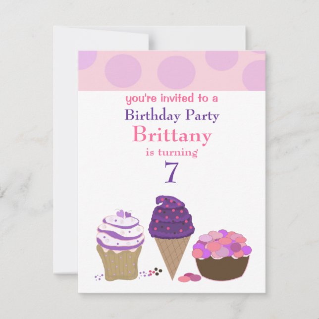 Invitación de cumpleaños de dulces rosados y morad (Anverso)
